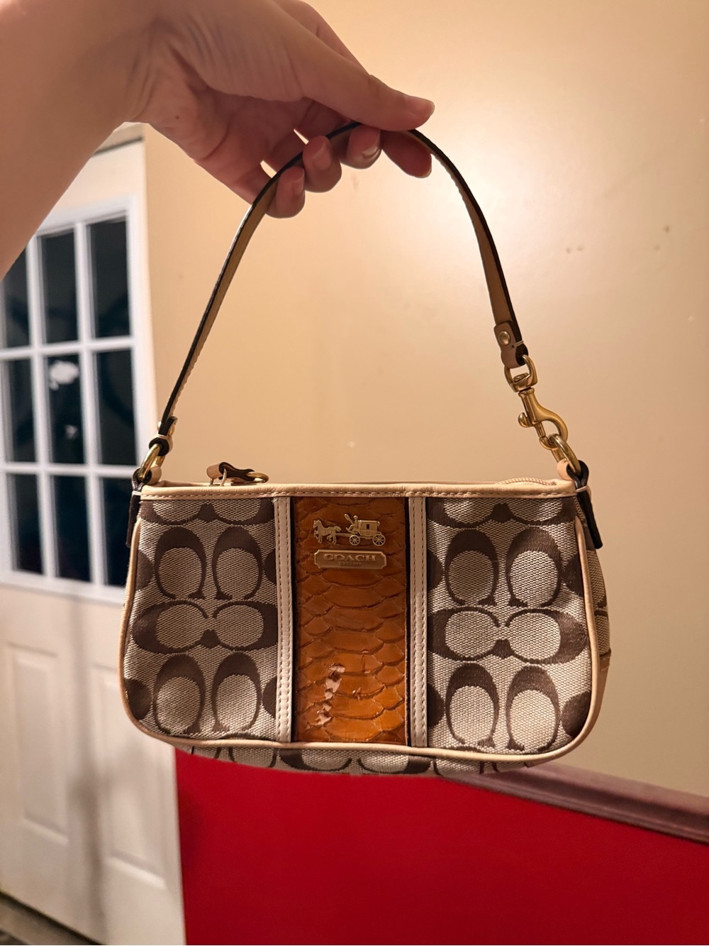 Coach Brown & Tan Signature Mini Shoulder Bag with Glossy Cognac Panel